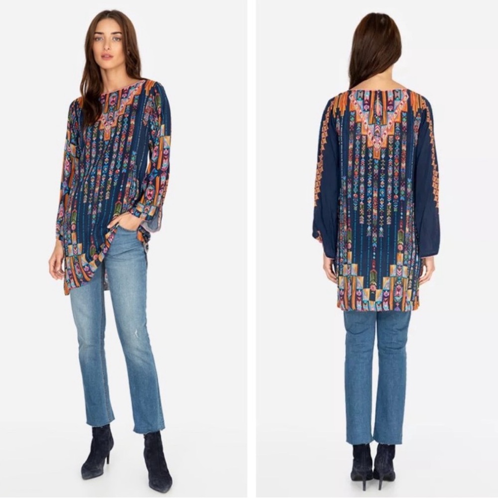 Johnny Was Luna Tunic Dress Navy Design Printed Blouse Top